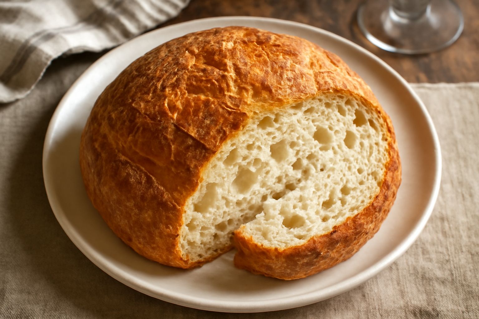 Pane carasato toscano color dorato intero e affettato, con crosta croccante scura e mollica bianca e alveolata, poggiato su tavolo di legno con spighe di grano
