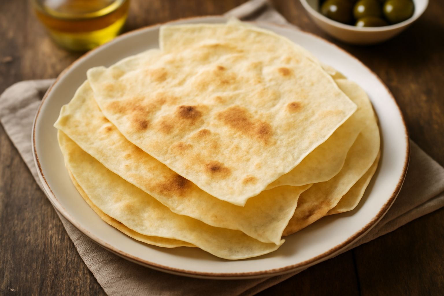 Pane carasau dorato e croccante, sottile come una sfoglia, impilato su un piatto bianco, con i bordi leggermente arricciati, spolvato di sale marino