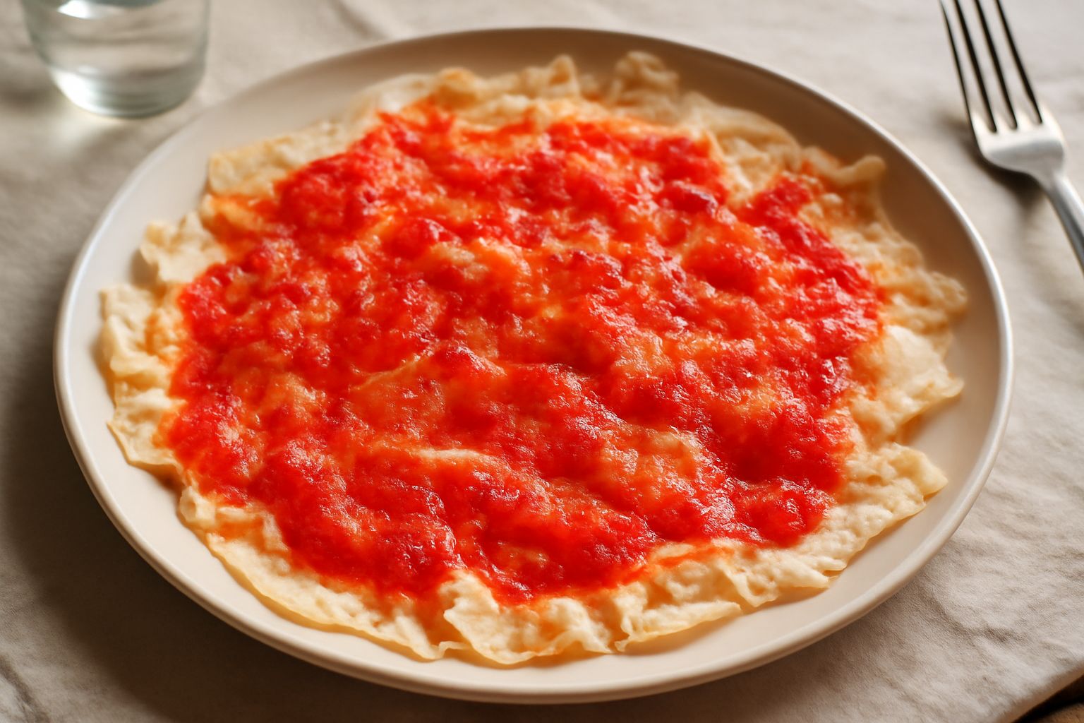 Pane carasau croccante e sottile ricoperto di pomodoro rosso fresco, cipolle bianche e olio d'oliva su un piatto bianco, aspetto crudo e appetitoso