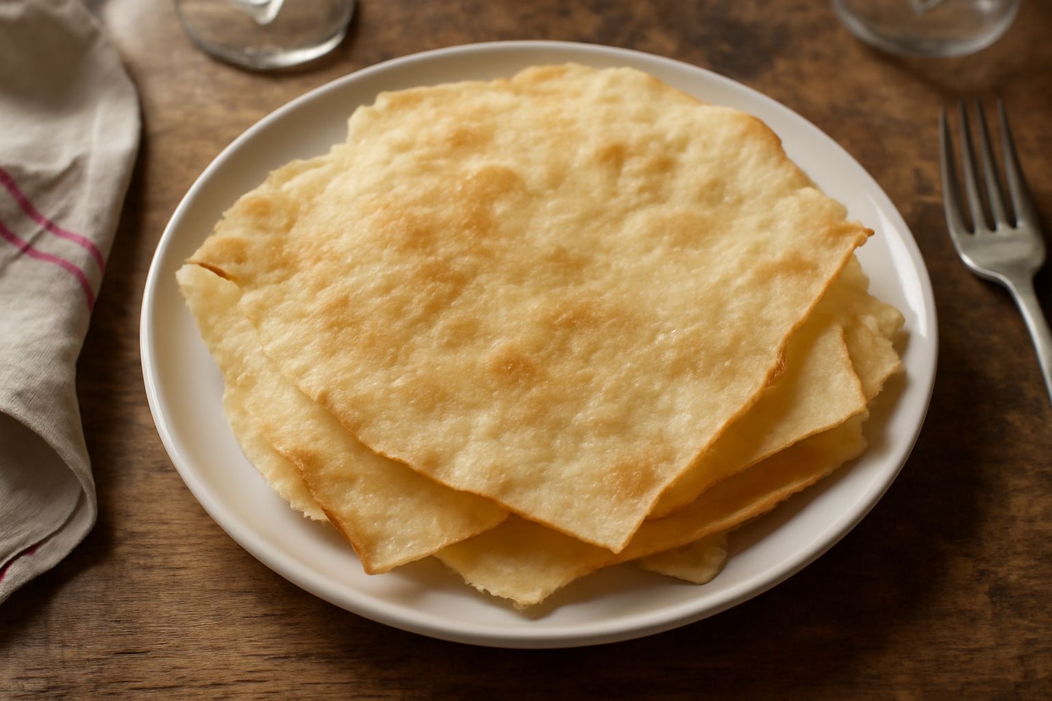 Pane carasau aquilano croccante disposto a ventaglio su un piatto bianco, superficie dorata e sfogliata, visibilmente sottile e fragile, con lieve spolvero di sale marino