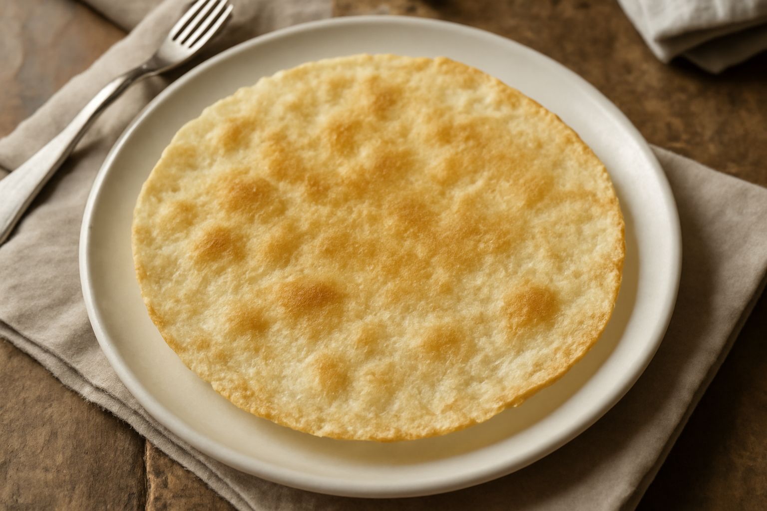 Pane carasau bresciano croccante e dorato disposto a ventaglio in un piatto bianco, con superficie leggermente irregolare e sfoglie sottili che si intravedono al bordo