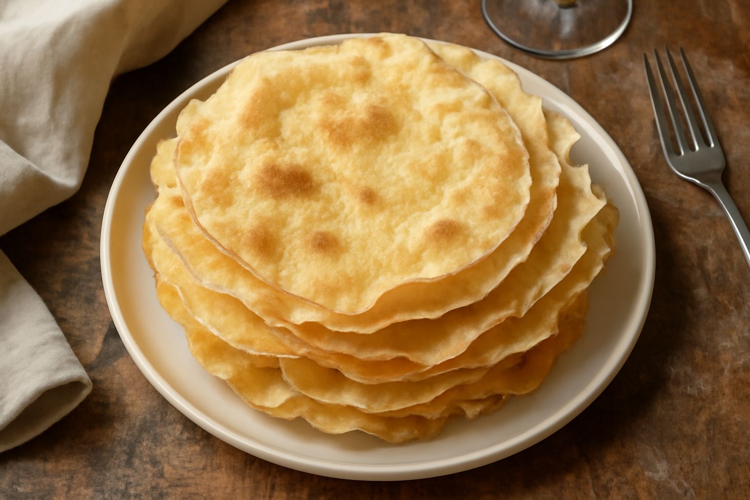 Pile di pane carasau calabrese color dorato, sottile e croccante, impilate su un piatto bianco con sfondo rustico in legno