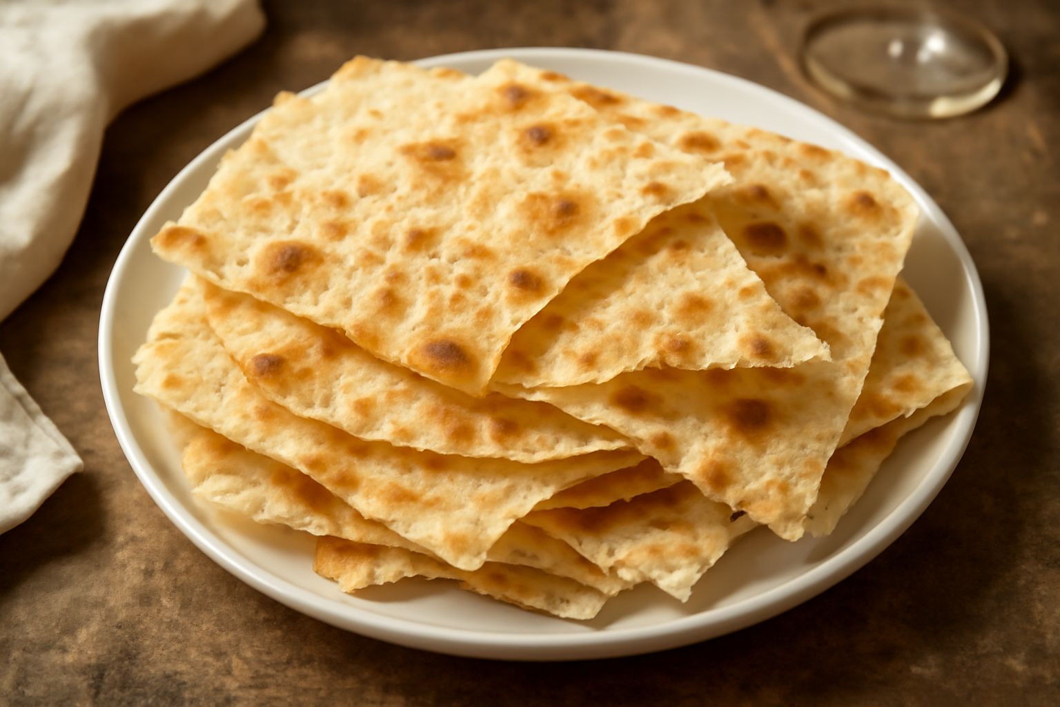 Pane carasau disposto a ventaglio nel piatto, sottile e dorato, con tonalità marroni dorate, sfoglie croccanti leggermente ricurve, contorno bianco