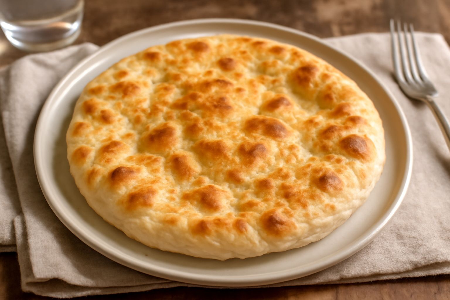 Pane carasau ligure appena sfornato, rettangolare, dorato e croccante, con crosticina leggermente scura e piccole bolle sulla superficie, ancora caldo su una tavola di legno scuro