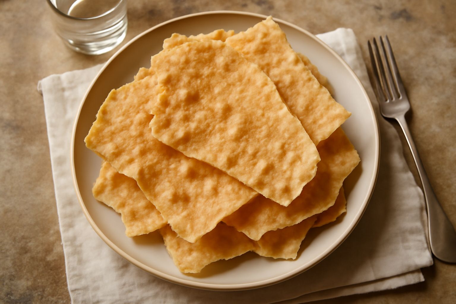 Pane carasau molisano dorato e croccante, sfoglie sottili e fragili impilate su un piatto bianco, superficie leggermente irregolare con bolle di cottura