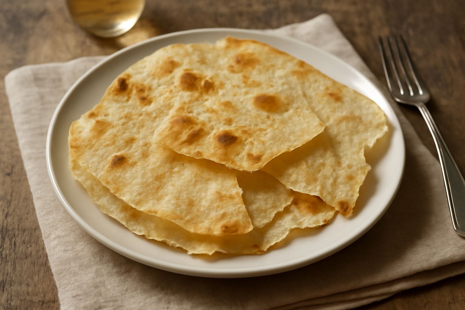 Foglie di pane carasau pugliese dorate e croccanti, sfogliate l'una sull'altra, poste su un piatto bianco con una ciotola di sale marino in primo piano
