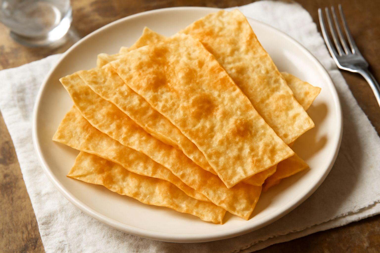Fogli di pane carasau salernitano dorato e croccante impilati in un cesto di tela, con sfumature marroni uniformi e spessore sottilissimo