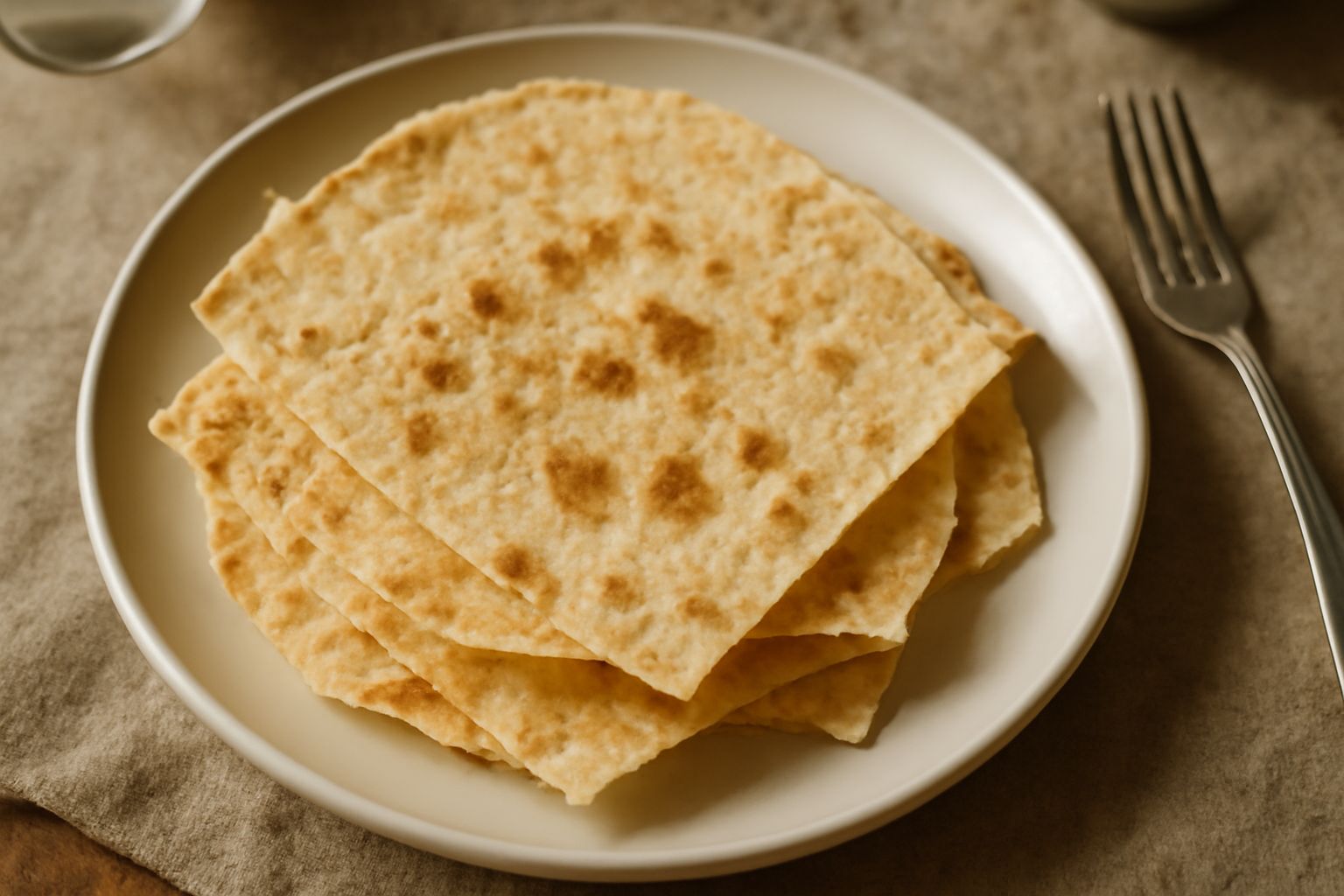 Fogli di pane carasau dorato disposti in pila su un piatto bianco, con colore marrone chiaro e superficie leggermente bollata dalla cottura