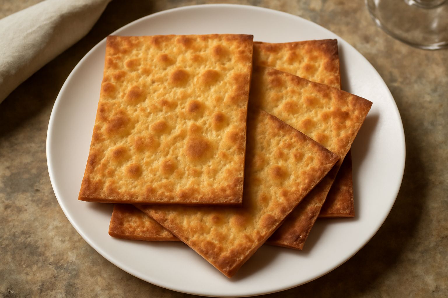 Fogli di pane carasau rietino spessi circa mezzo centimetro, dorate alle estremità, affiancati su una tavola di legno con due foglie di rosmarino fresco ai lati