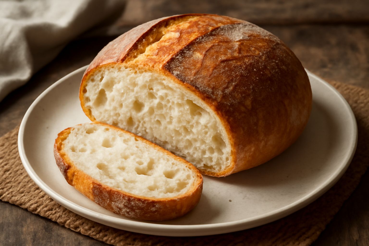 Pane casareccio appena sfornato, tagliato a metà, con crosta dorata e croccante, mollica morbida e alveolata visibile in sezione, impiattato su un tavolo di legno scuro con una pala di legno accanto