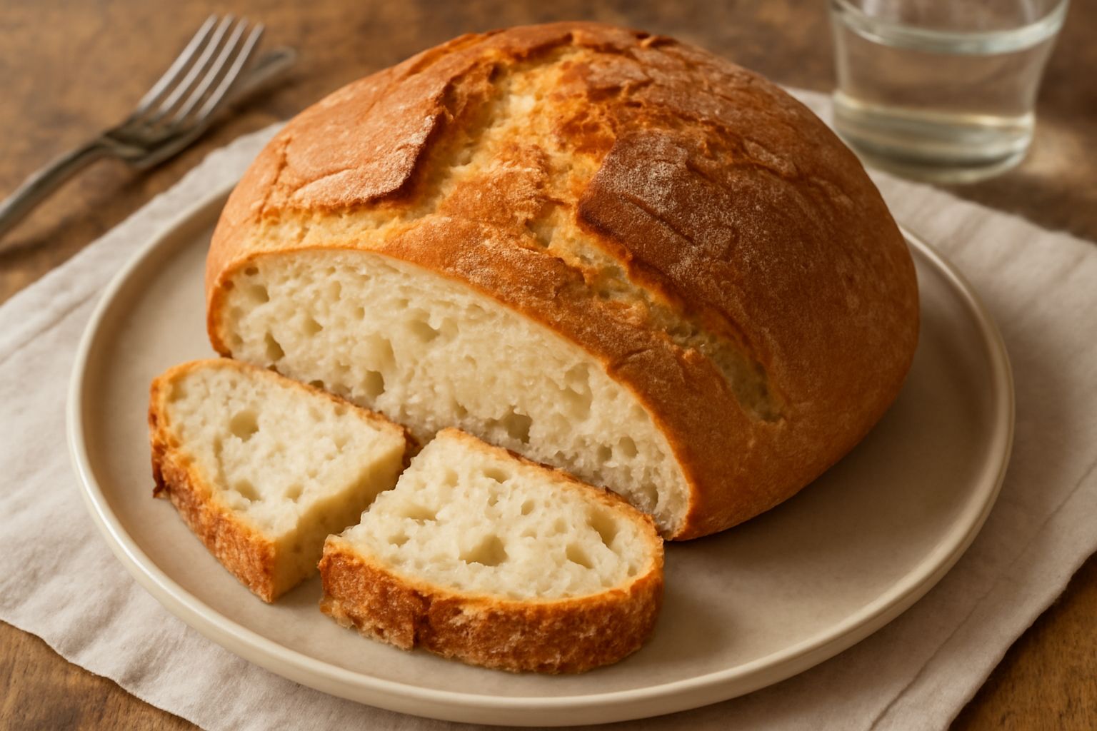 Pane casareccio salernitano intero su tavolo di legno, forma rotonda irregolare, crosta marrone dorato, tagliato a fette mostrando interno bianco-crema con alveoli visibili