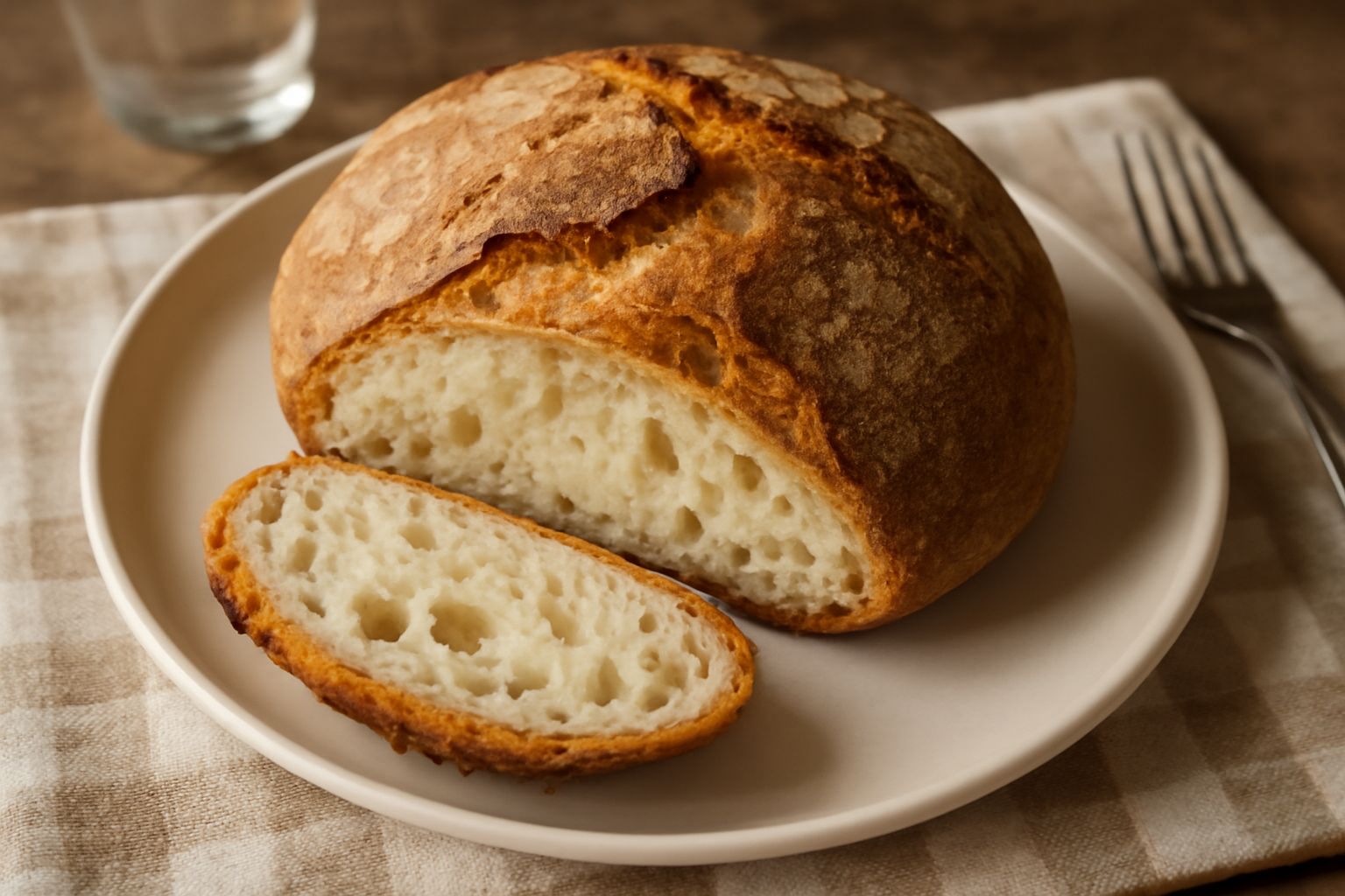 Pane casereccio abruzzese intero appena sfornato, con crosta dorata e croccante irregolare, sezione laterale che mostra alveoli bianchi della miga, poggiato su canovaccio di lino bianco e beige su pia