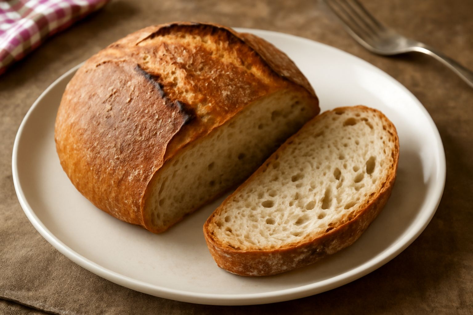 Pane casereccio aquilano tagliato a fette, crosta croccante dorata, mollica beige chiara con alveoli irregolari, poggiato su un canovaccio di lino bianco con uno spicchio d'aglio accanto