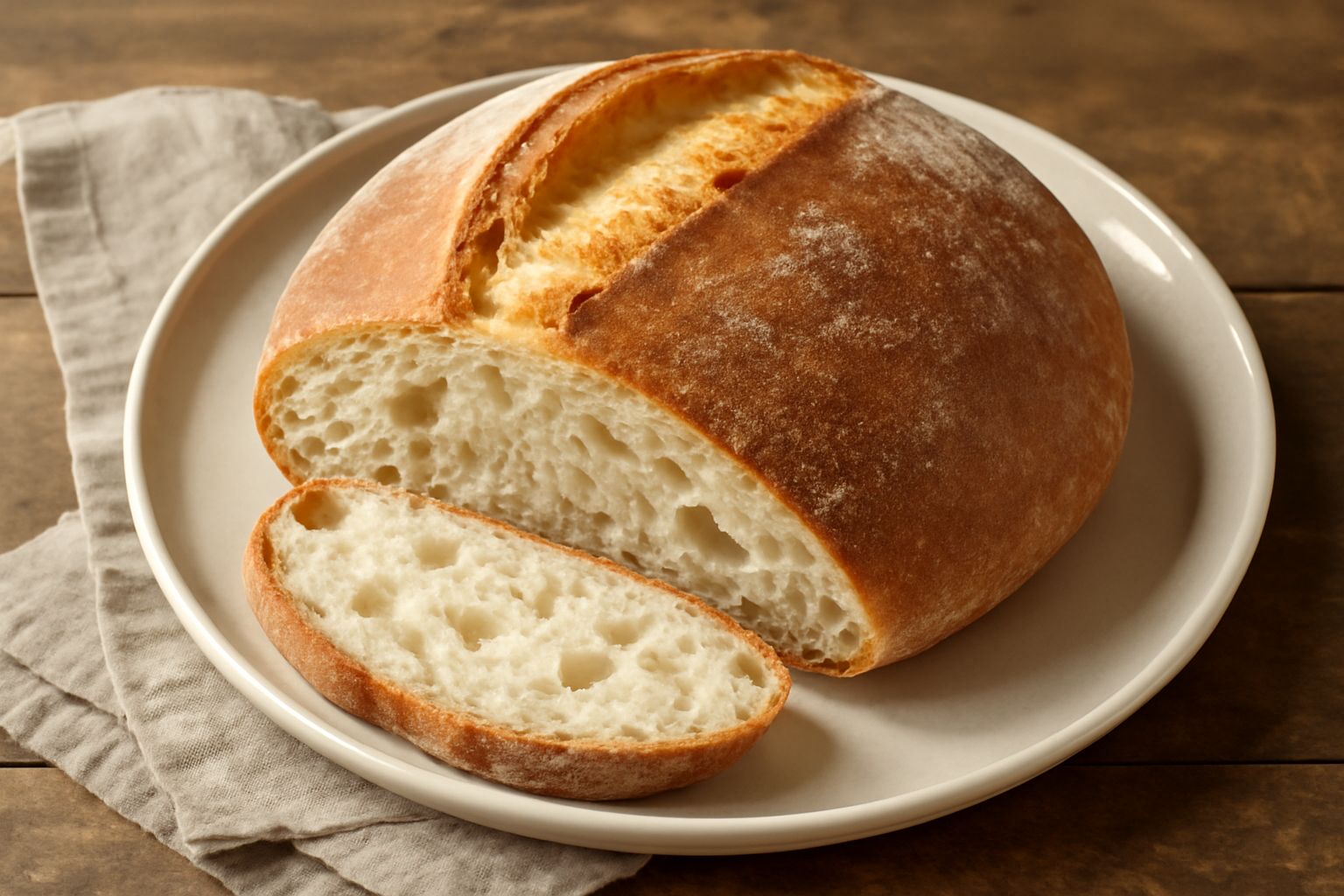 Pagnotta di pane casereccio avellinese appena sfornata: crosta dorata e croccante con screpolature naturali, spaccatura di vapore sulla sommità, interno visibile biancastro e poroso con alveoli irrego