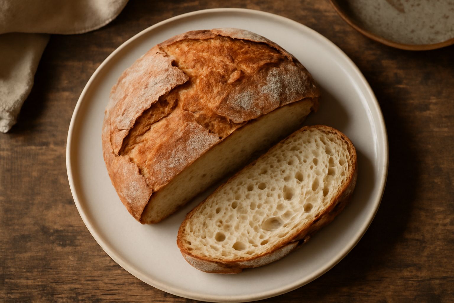 Pane casereccio bresciano intero e tagliato a fette su un tavolo di legno, con crosta marrone dorata, miga color panna con alveoli irregolari, contorno di farina bianca