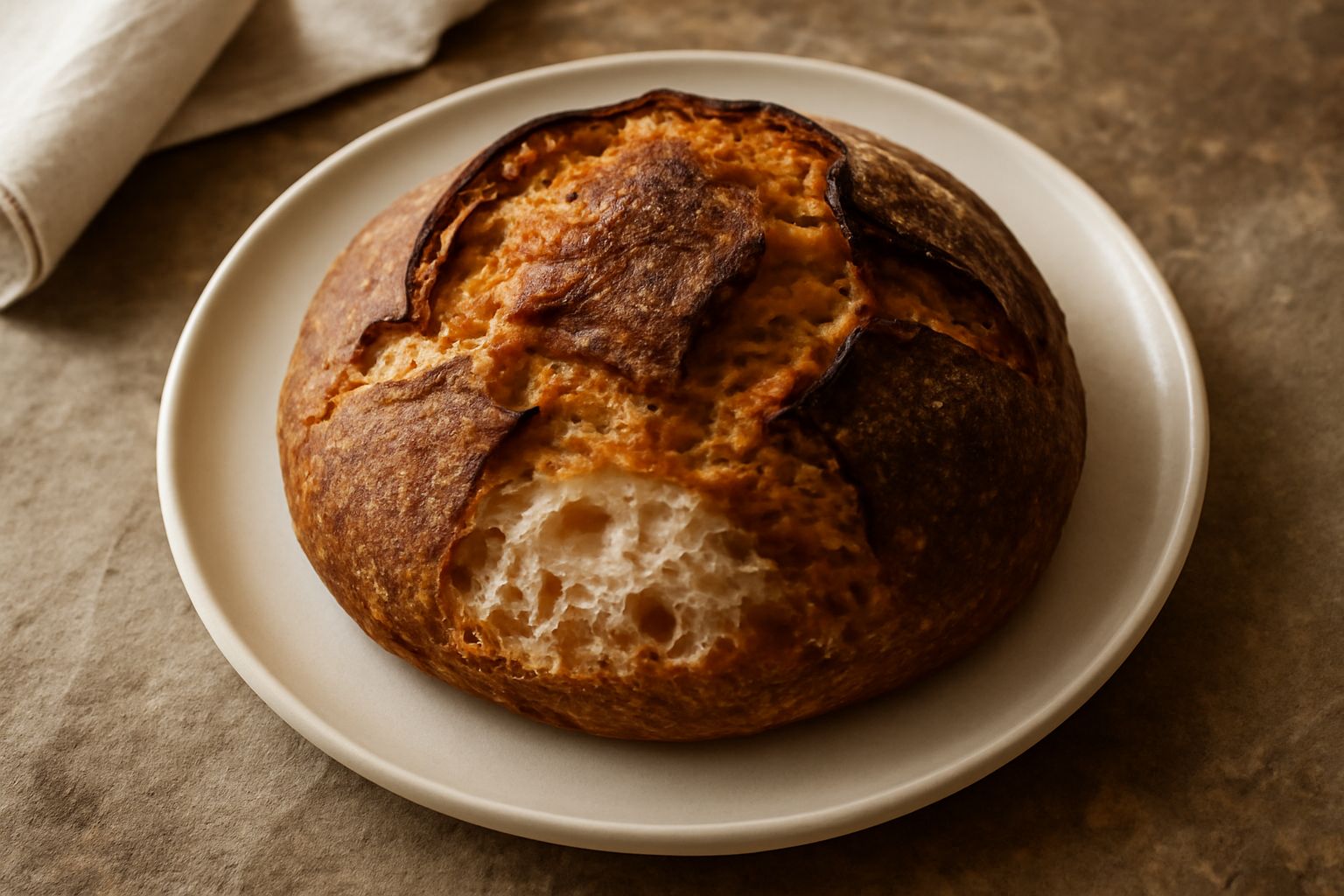 Pane casereccio tondo con crosta marrone scuro dorato, spezzato a metà che mostra l'interno color nocciola con buchi irregolari, su tavolo di legno rustico con grani di frumento e farina