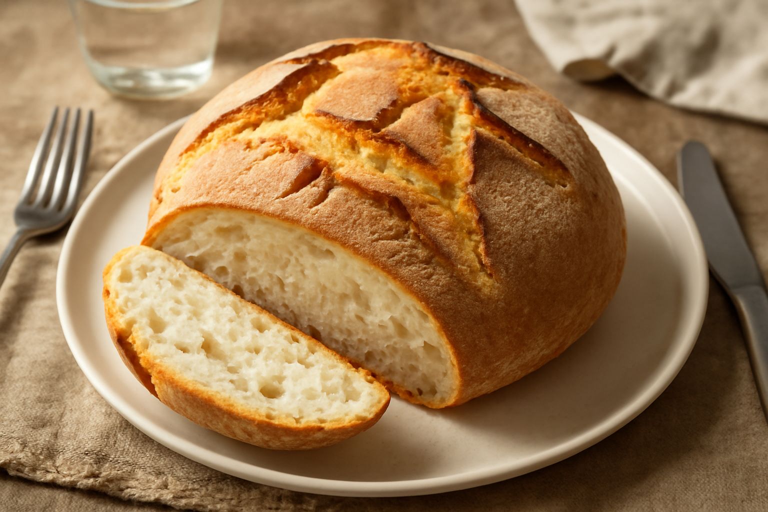Pane tondo casereccio con crosta dorata scura e tagli caratteristici, posato su una superficie di legno, tagliato a metà per mostrare la mollica bianca e soffice con bolle d'aria irregolari