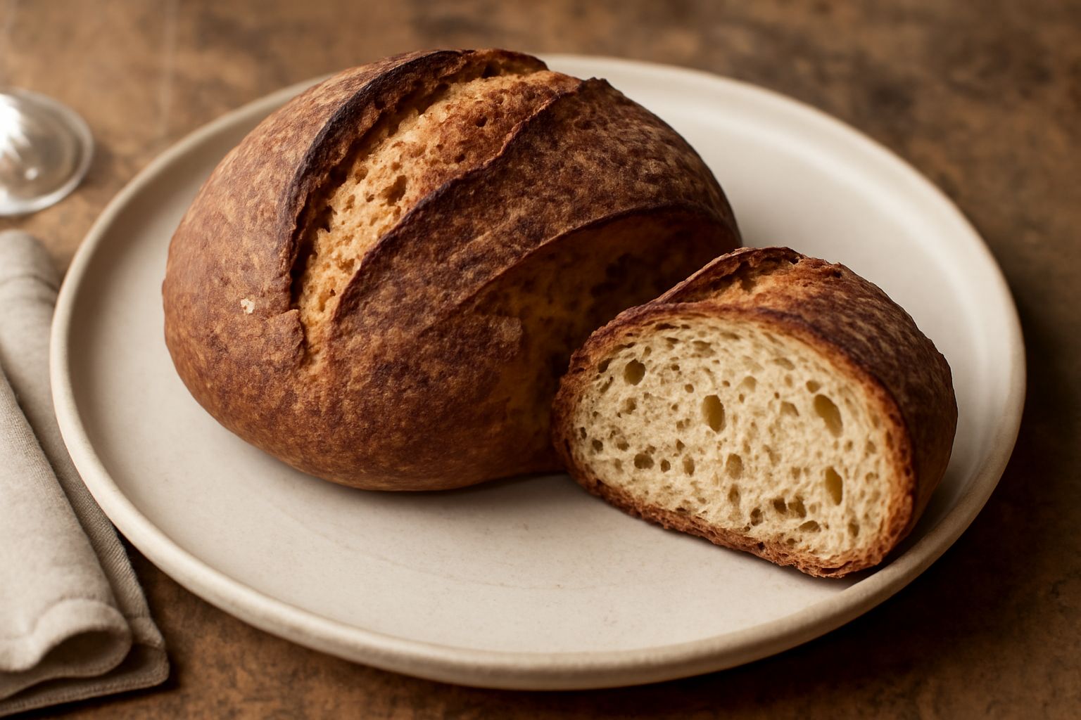 Pane casereccio friulano di forma rotonda con crosta marrone scuro e spaccature nella parte superiore, poggiato su una tavola di legno con mollica visibile al taglio