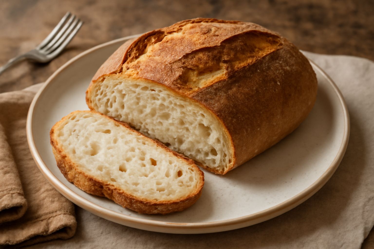 Pagnotta di pane casereccio piemontese intera su tavolo di legno, con crosta dorata e leggere screpolature, tagliata a metà mostrando mollica bianca alveolata e morbida