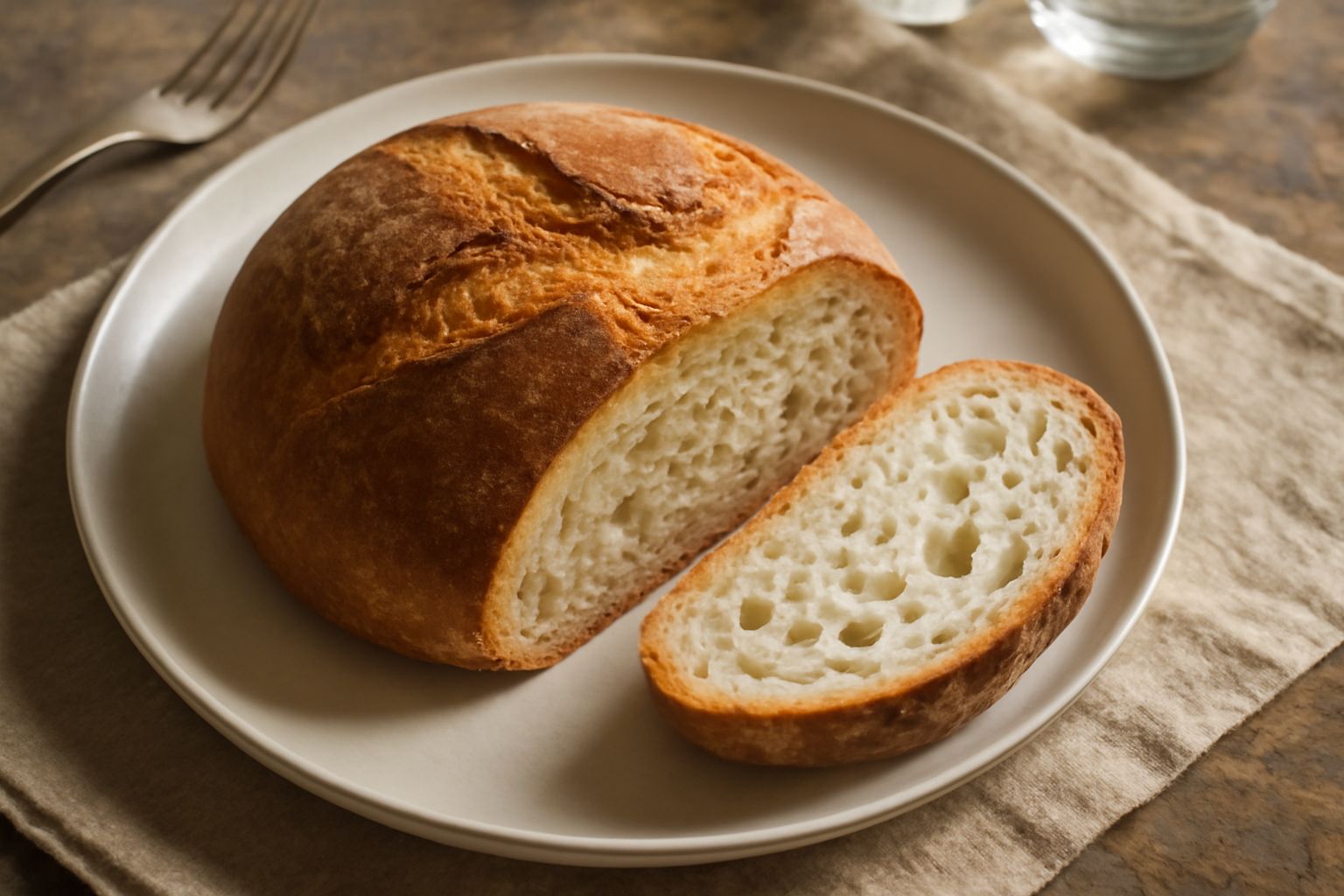 Una pagnotta di pane casereccio pordenonese appena sfornata, con crosta dorata e screpolature sulla superficie, posata su un canovaccio di lino bianco. La miga visibile dalla frattura è soffice e alve