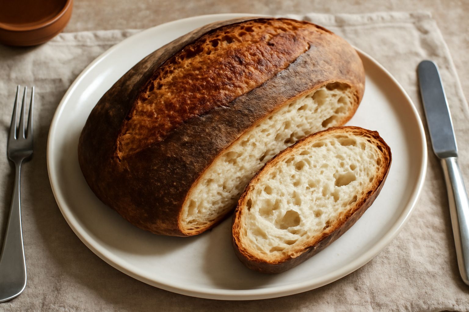 Pane casereccio salentino intero appena sfornato, crosta scura e croccante, forma ovale irregolare, spaccature naturali sulla superficie, tagliato a metà che mostra l'interno bianco e alveolato, posat