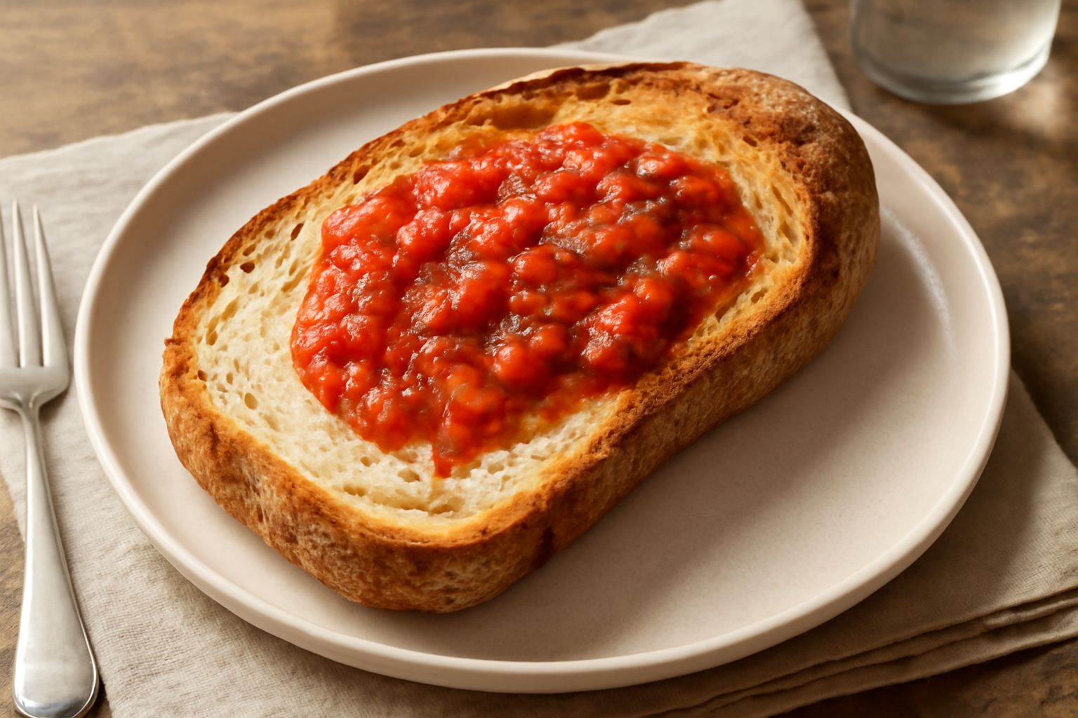 Pane casereccio sorrentino appena sfornato, forma ovale allungata con crosta dorata e screpolata, posato su tavola di legno con farina sparsa attorno, mollica color crema visibile da una fetta. Accant