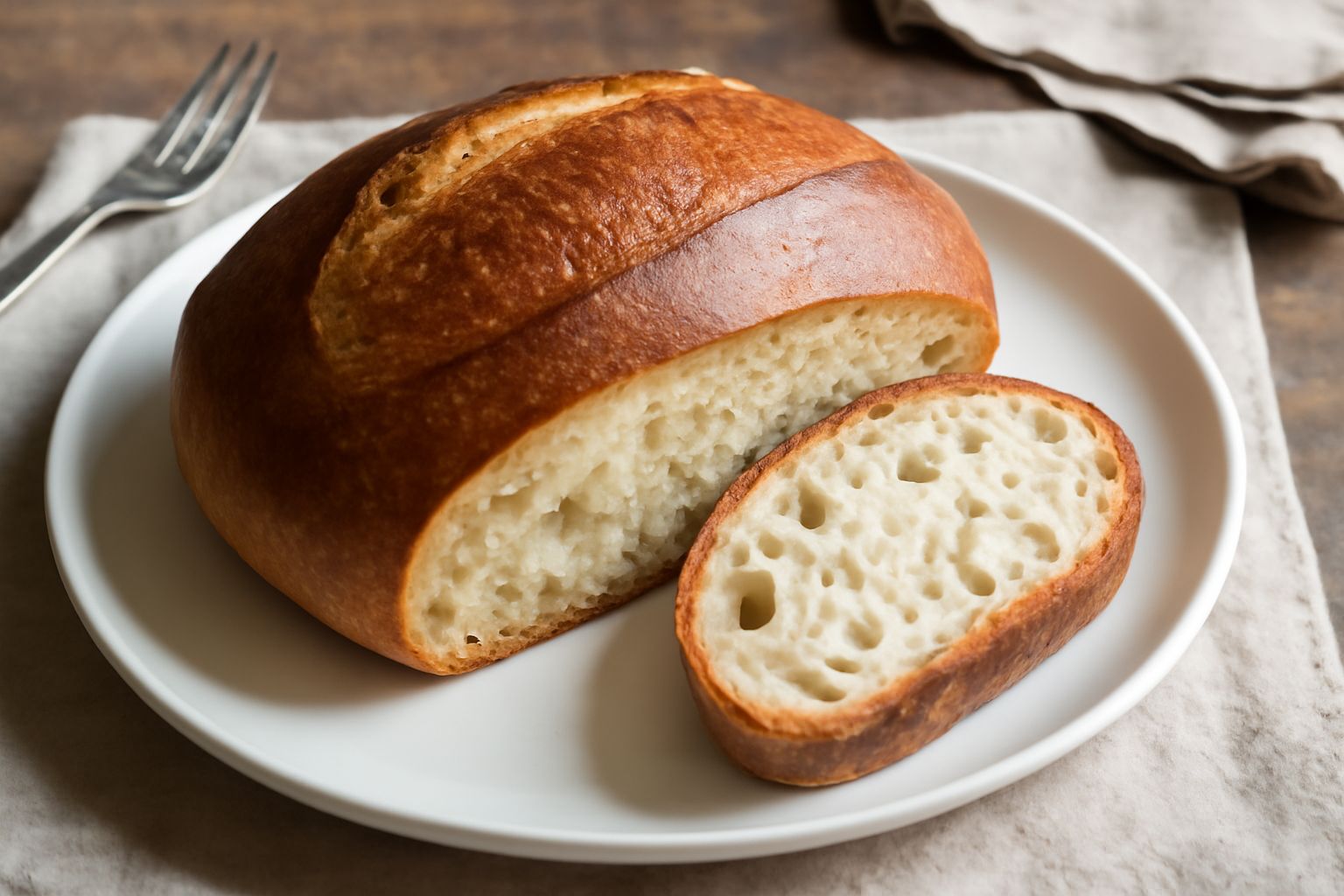 Pane casereccio sulmonese intero e tagliato, con crosta dorata e briciole dorate, mollica soffice e bianca con alveoli irregolari, riposto su tavolo di legno chiaro con farina sparse