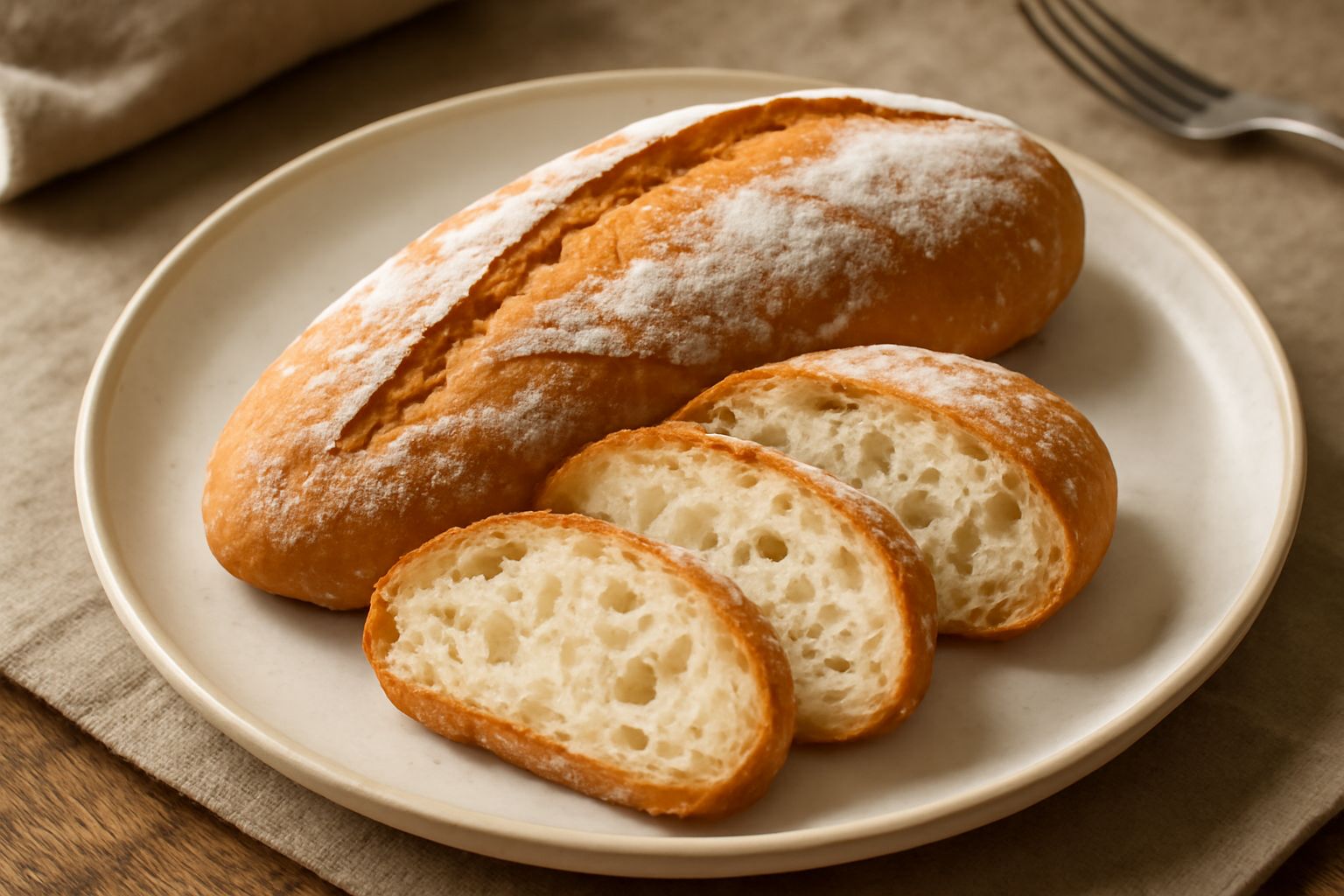 Pane casereccio veneto dorato, a forma ovale, con crosta croccante e screpolature, tagliato a metà per mostrare la miga bianca e soffice con alveoli irregolari