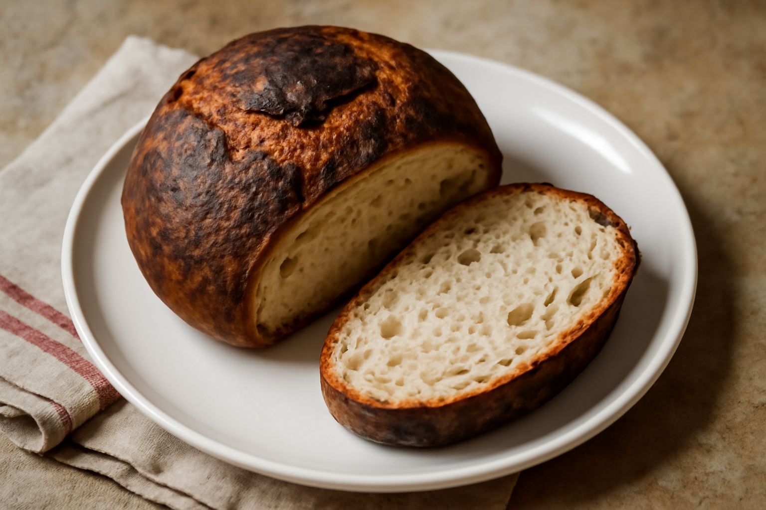 Pane casertano appena sfornato, forma rotonda con crosta dorata scura, tagliato a metà per mostrare la mollica soffice e alveolata all'interno, su un tavolo di legno