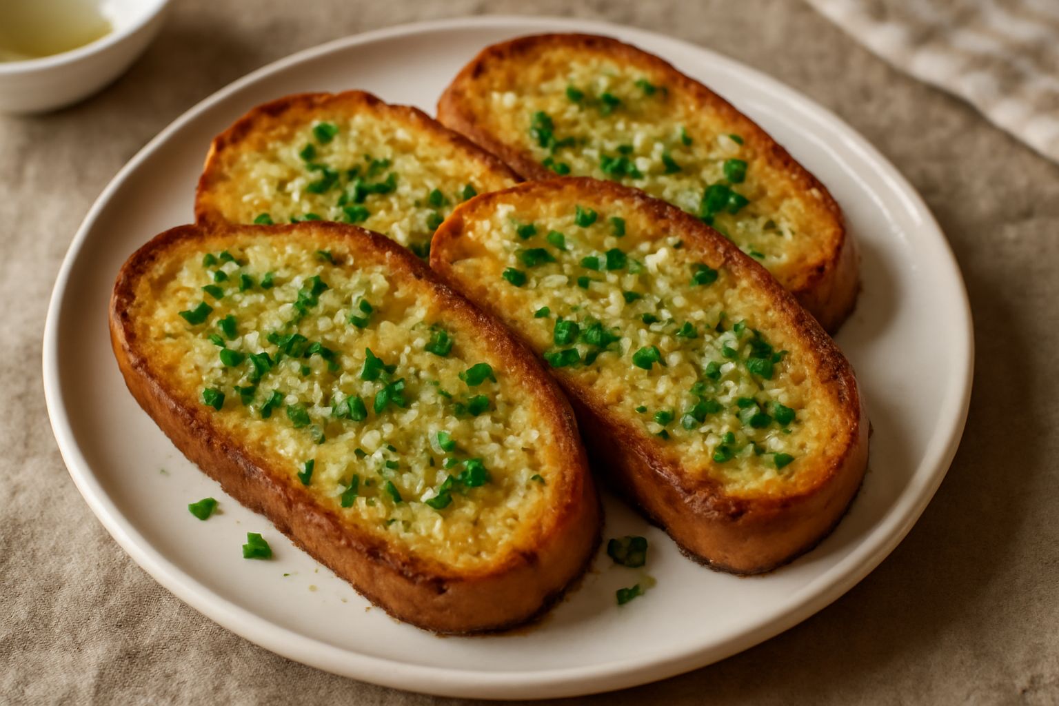Fette di pane tostato dorate ricoperte di aglio tritato e prezzemolo verde, con gocce di olio d'oliva lucido sulla superficie, servite in un piatto bianco