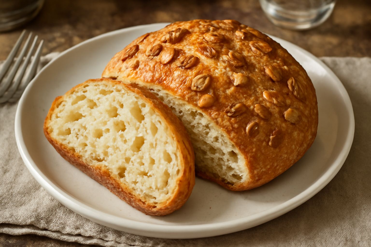 Pane con arachidi affettato, colore marrone dorato, superficie irregolare, arachidi visibili dentro e in superficie, impiattato su tavolo di legno con farina sparsa