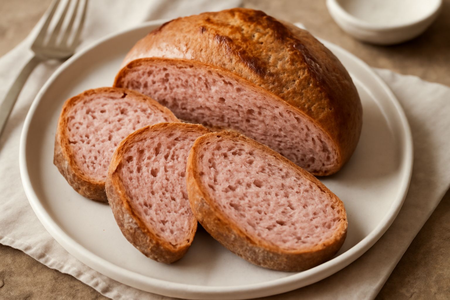 Pane integrale con barbabietola affettato su superficie di legno chiaro: mollica rosa pallido, micrure scure, crosta dorata croccante, fette regolari di spessore medio