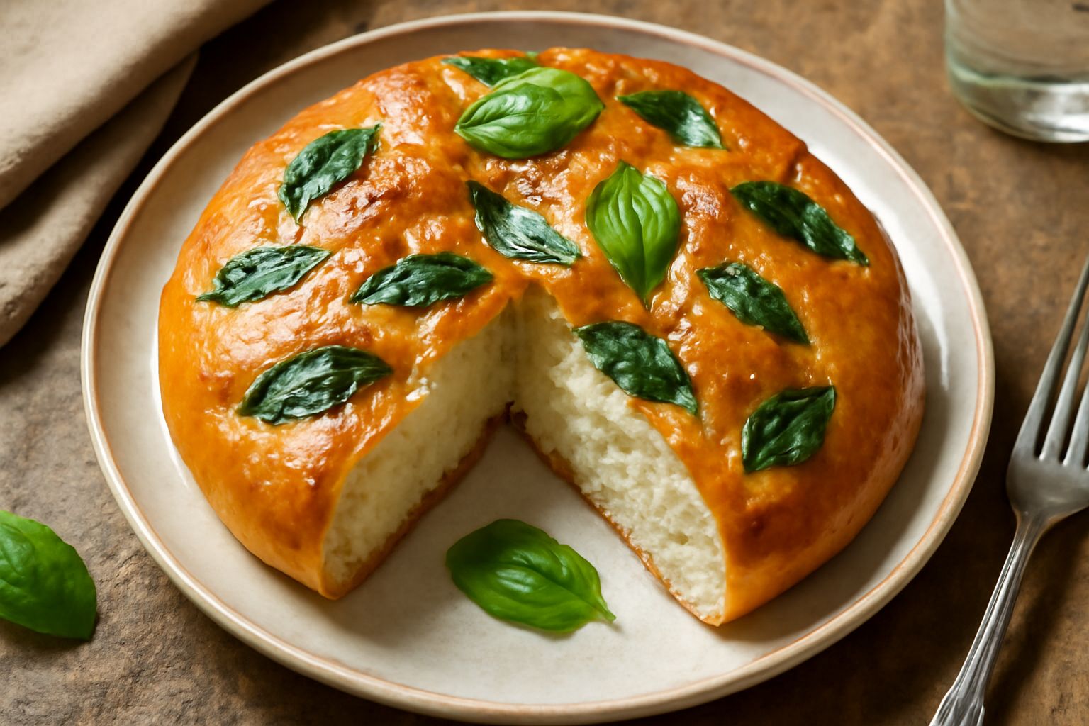 Pane rotondo appena sfornato con crosta dorata, superficie striata dal basilico, tagliato a metà che mostra la mollica bianca e soffice con foglioline verdi di basilico visibili, su un canovaccio di l