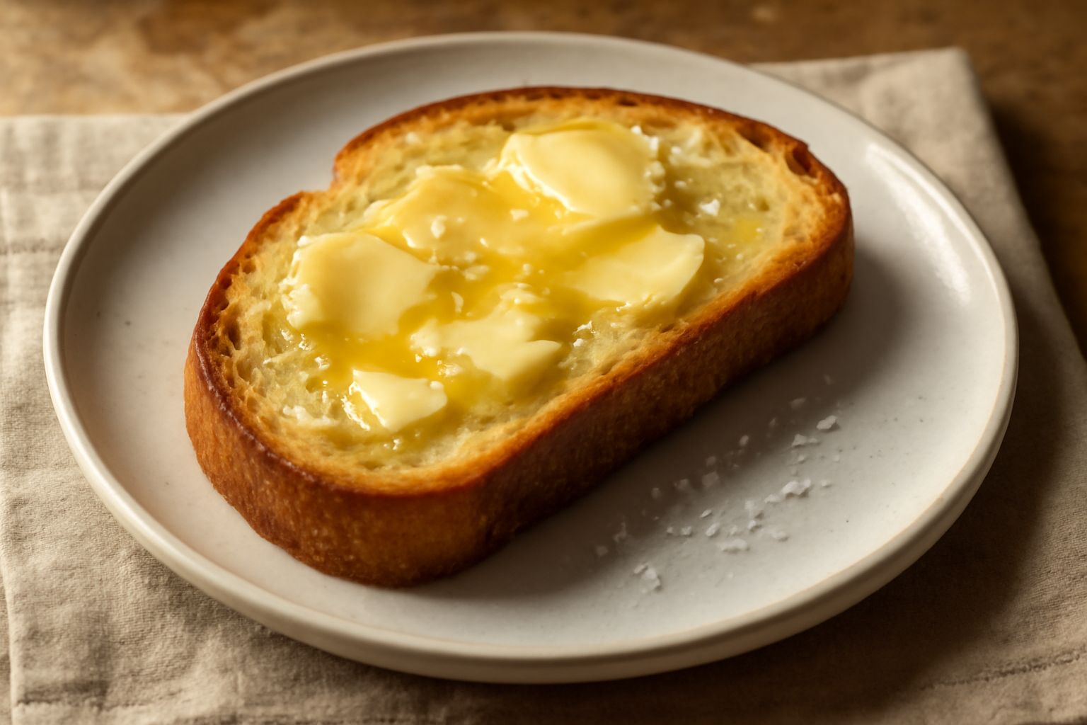 Fetta di pane tostato color ambrato con burro giallo pallido che si scioglie sulla mollica calda, granelli di sale marino grosso sparsi in superficie, su un piatto bianco