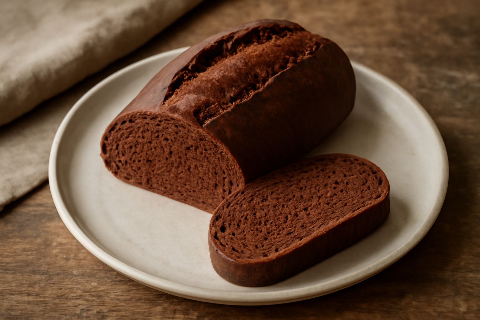 Pane scuro con sfumature marroni e tracce di cacao, dalla forma ovale, tagliato a metà che mostra una mollica soffice e uniforme con un colore marrone chiaro, appoggiato su una tavola di legno