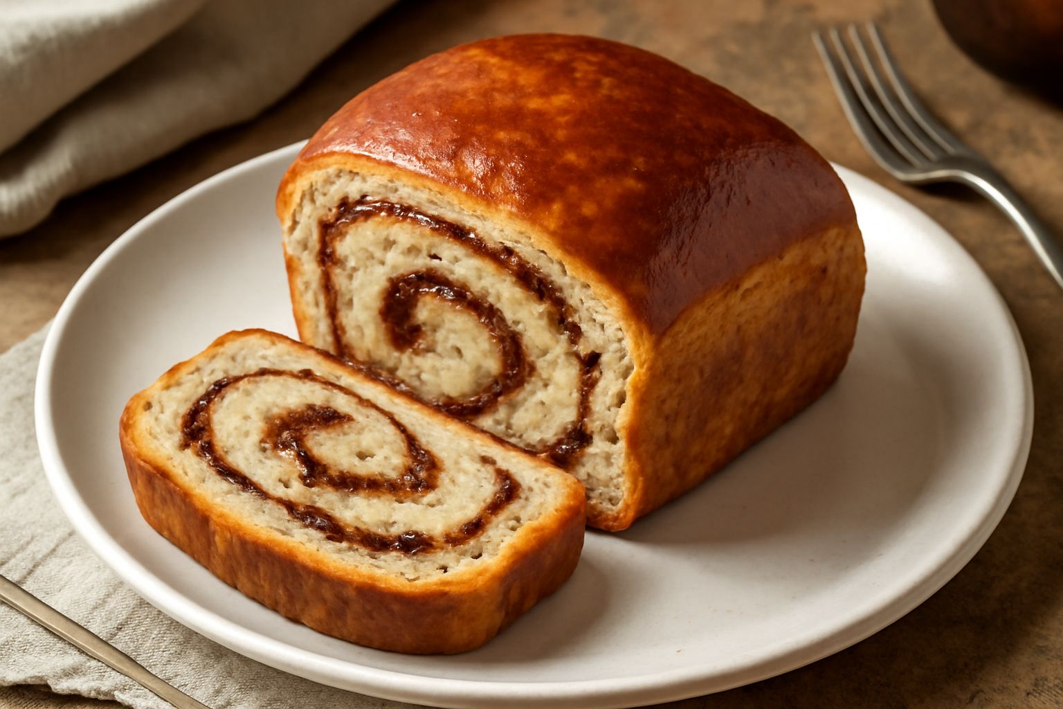 Pane con cannella appena sfornato, colore dorato intenso con striature di cannella marrone visibili sulla superficie, poggiato su carta bianca, vapore ancora caldo