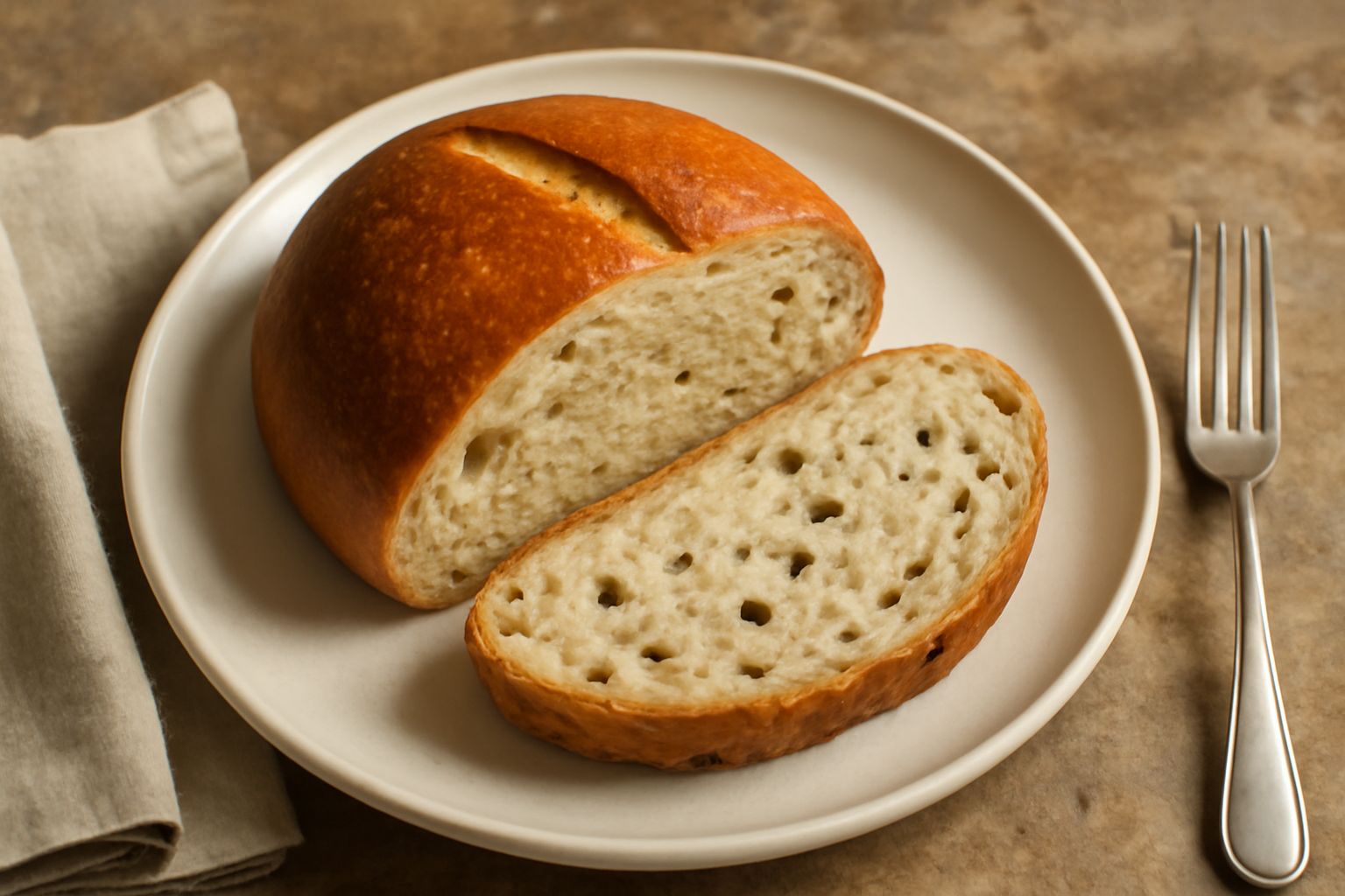 Un pane rotondo dal colore marrone dorato, tagliato a fette, con una mollica beige chiara e porosa visibile sulla superficie. Il pane è appoggiato su una tavola di legno con uno o due semi di cardamom