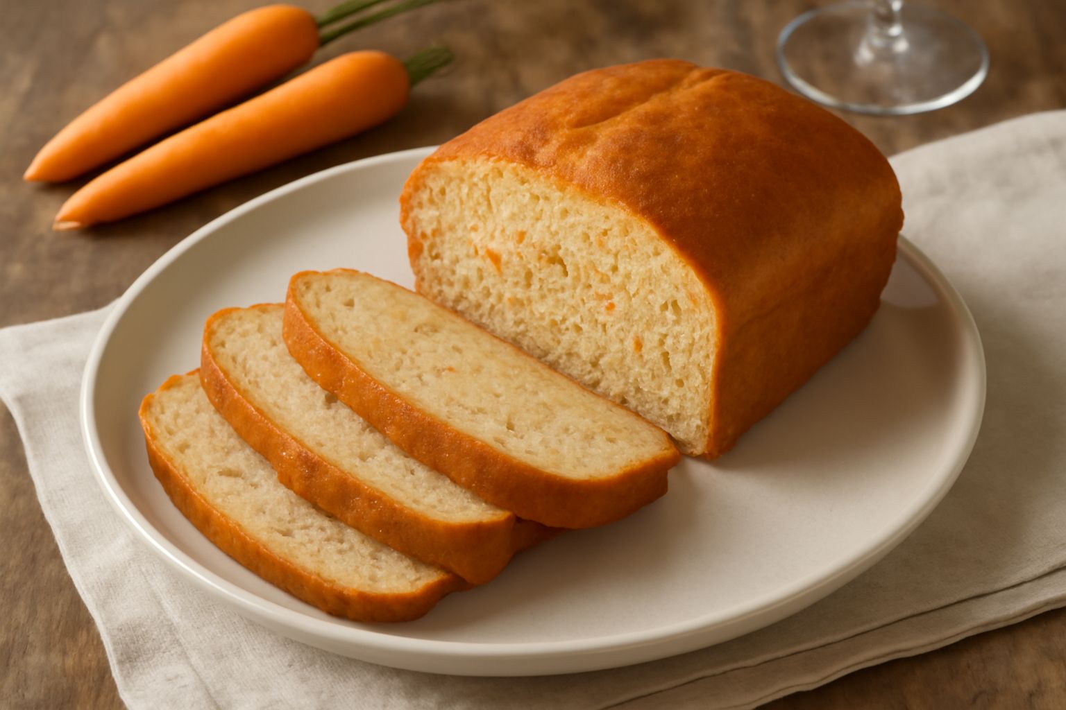 Fetta di pane con carote appena tagliata, mollica beige chiaro con visibili pezzetti arancioni di carota, crosta dorata, poggiata su un piatto bianco con sfondo neutro