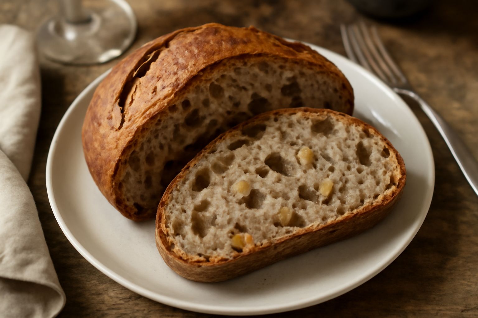 Pane rotondo dal crosta dorata e screpolata, tagliato a metà per mostrare l'interno morbido color nocciola con sfumature scure dalle castagne, posato su un tavolo di legno con castagne intere accanto