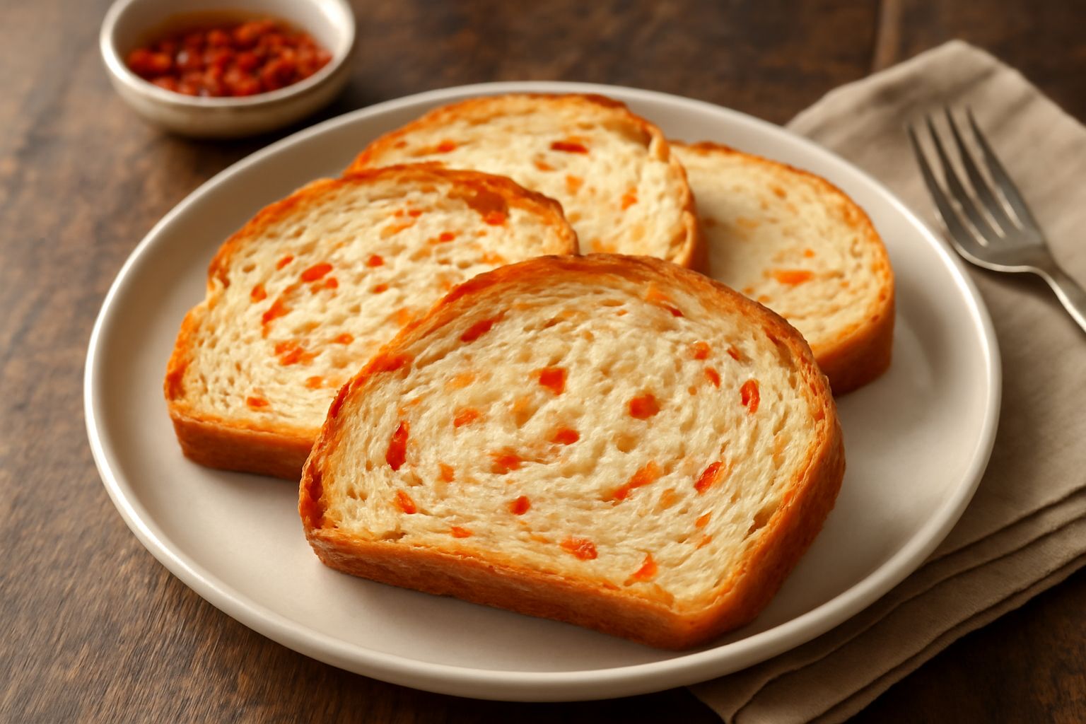 Pane con chili sfornato ancora caldo, crosta dorata con piccole crepe in superficie, tagliato a metà che mostra la mollica color avorio punteggiata di rosso dal peperoncino, appoggiato su un canovacci