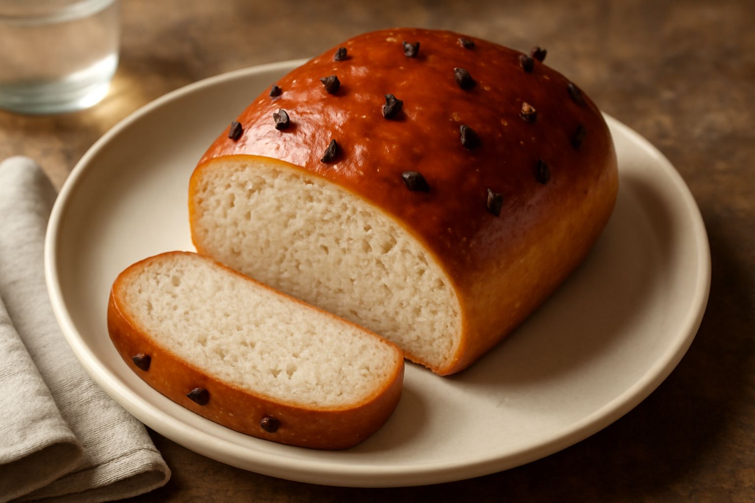 Pane tondo dorato con crosta croccante punteggiata visibilmente da chiodi di garofano interi, tagliato a metà per mostrare la mollica soffice beige chiaro, disposto su un panno di lino bianco accanto 