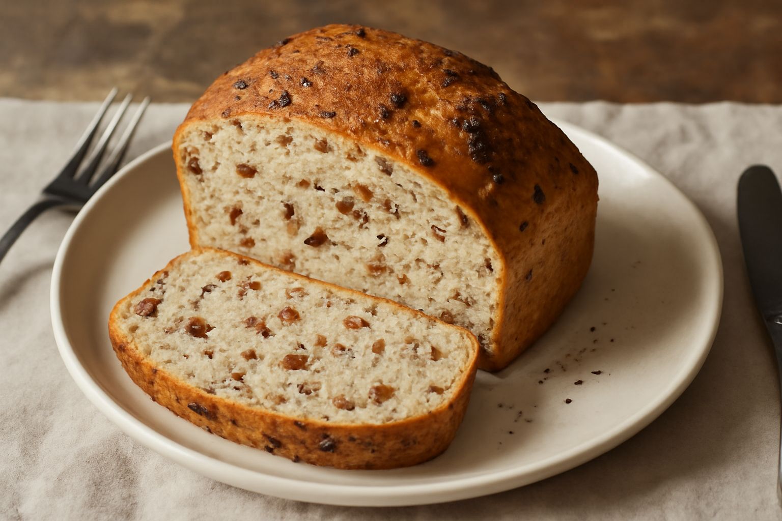 Pane di forma tonda e irregolare, color bruno dorato, con screpolature visibili in superficie. La miga mostra frammenti bianchi di ciccioli sparsi e granuli neri di pepe. Affettato su un tagliere di l