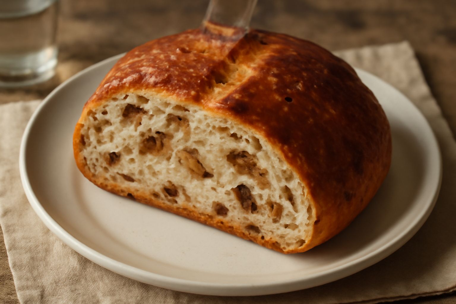 Pane rotondo dorato con striature marroni di cipolla caramellata, tagliato a metà per mostrare l'interno soffice con pezzetti di cipolla distribuiti uniformemente, appoggiato su carta pane beige