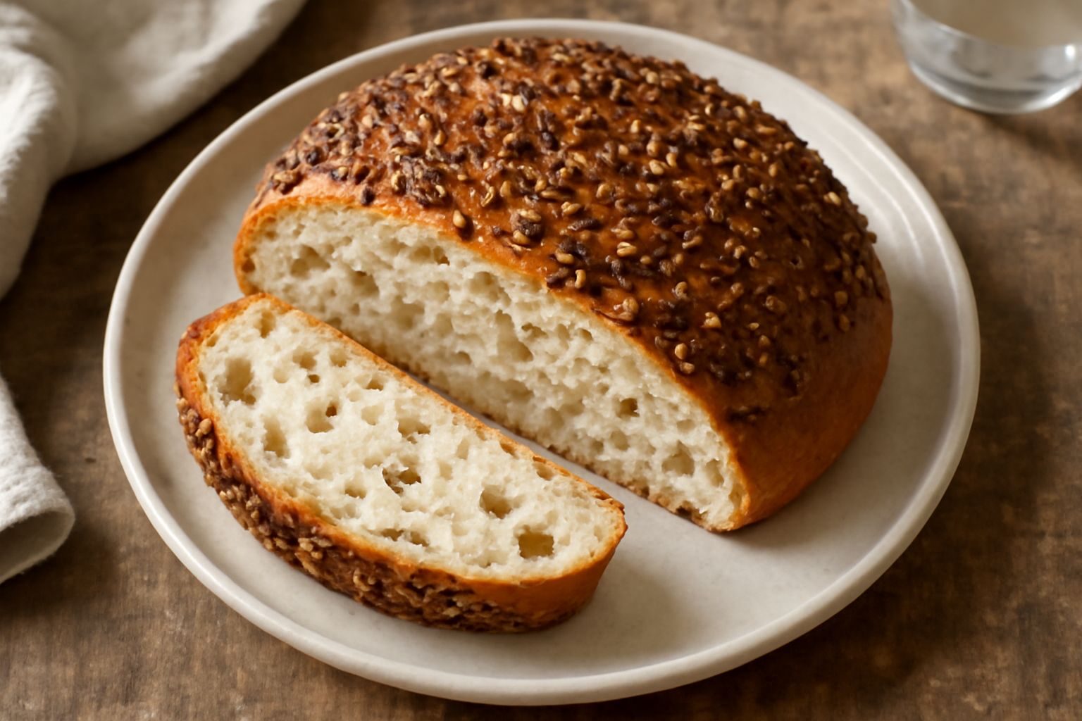 Pane rotondo con crosta dorata e semi di coriandolo visibili in superficie, tagliato a fette, con miga bianca uniforme e soffice su un tagliere di legno