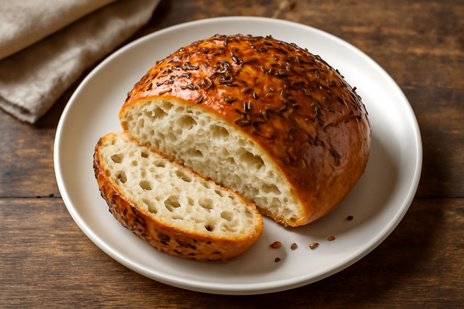 Pane rotondo con crosta dorata spezzato a metà, semi di cumino visibili sulla superficie e nella mollica chiara, vapore leggero, su tavolo di legno con qualche seme sparso