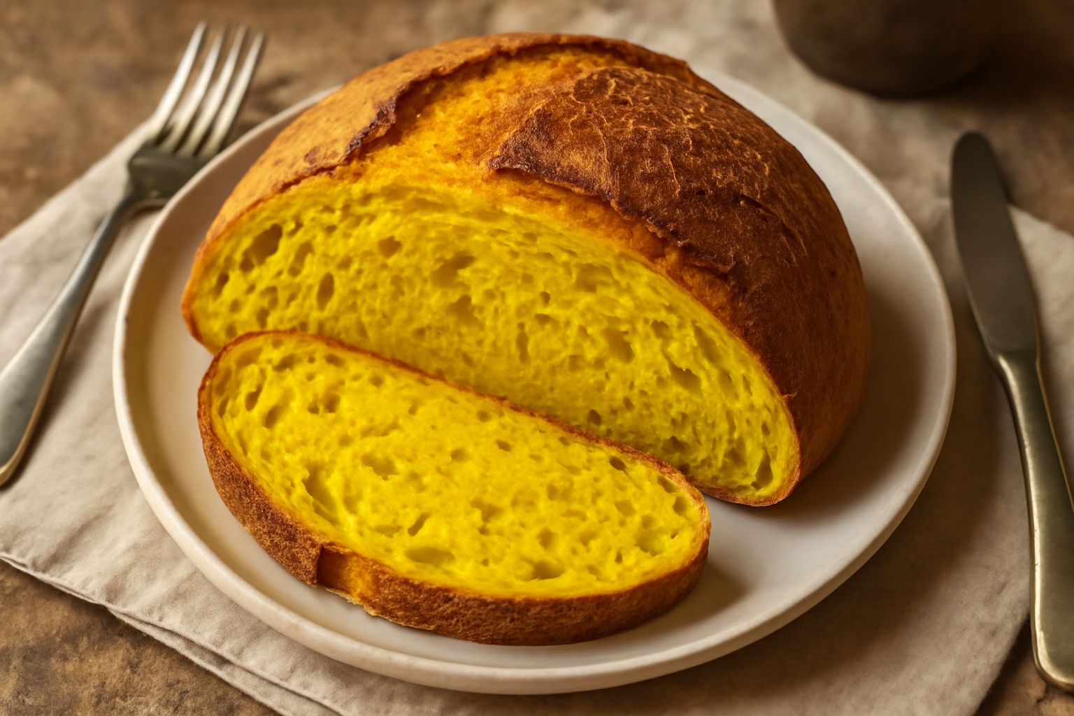 Pane a forma di filone color dorato intenso con sfumature gialle, superficie leggermente croccante con screpolature naturali, affettato per mostrare la mollica giallo-dorata uniforme, disposto su un c