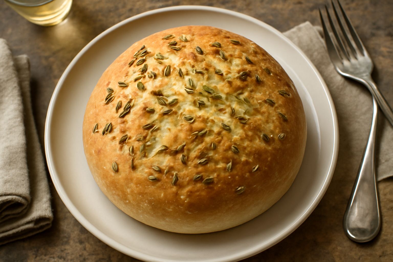 Pane rotondo dorato con crusca croccante, striature di lievitazione visibili, semi di finocchio sparsi in superficie e all'interno visibili dalla spaccatura, posto su una superficie di legno con spigh