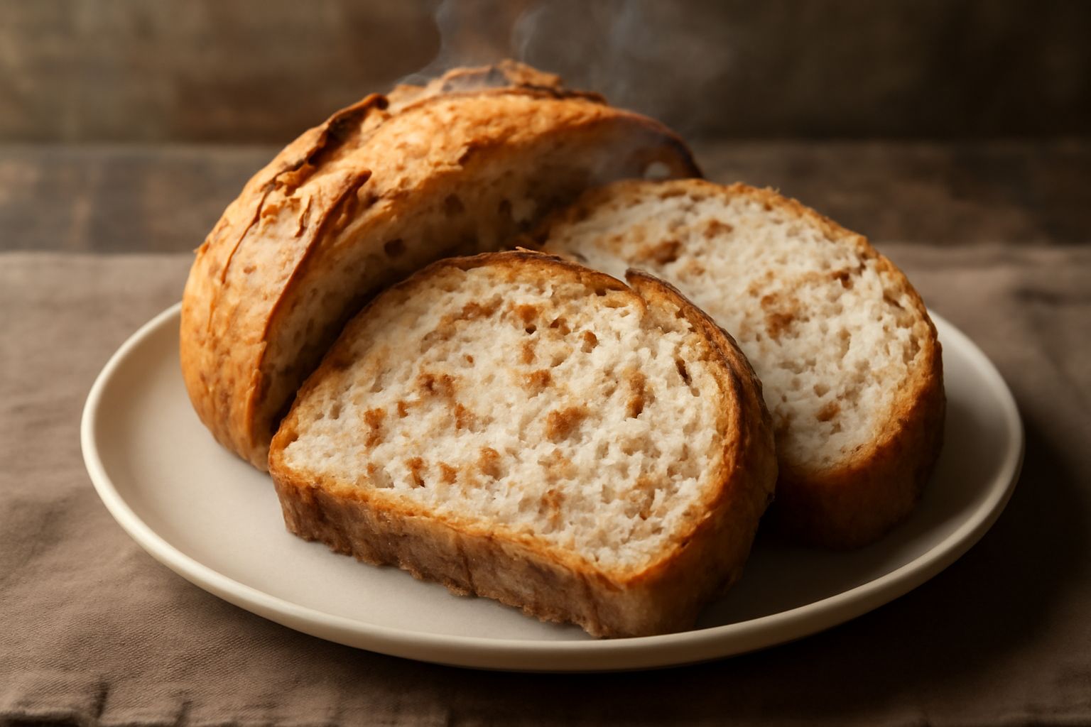 Pane rustico con crosta dorata e screpolature naturali, tagliato a fette spesse, su un tavolo di legno con grani di sale grosso e rosmarino fresco accanto