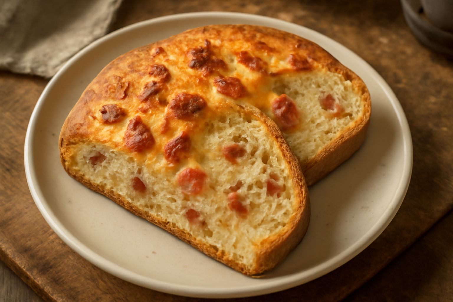 Pane pagnotta color oro con crosticina dorata, tagliato in due metà che mostrano l'interno morbido con venature di guanciale rosato e croccante, accanto alcuni pezzi di guanciale fresco non cotto