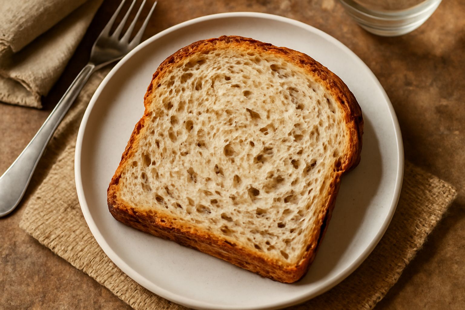 Pane rotondo color ambrato con semi di lino visibili sulla crosta, tagliato a metà per mostrare l'interno morbido e spugnoso color panna, posato su una tavola di legno scuro accanto a qualche chicco d
